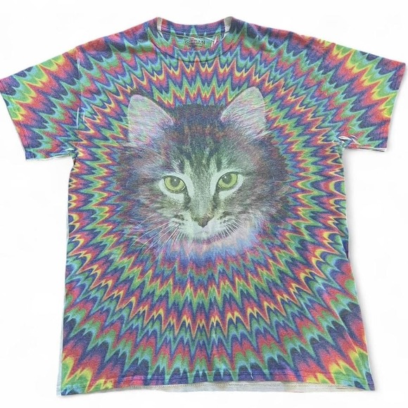 Gildan Tops - Trippy psychedelic tie-dye cat graphic tee medium